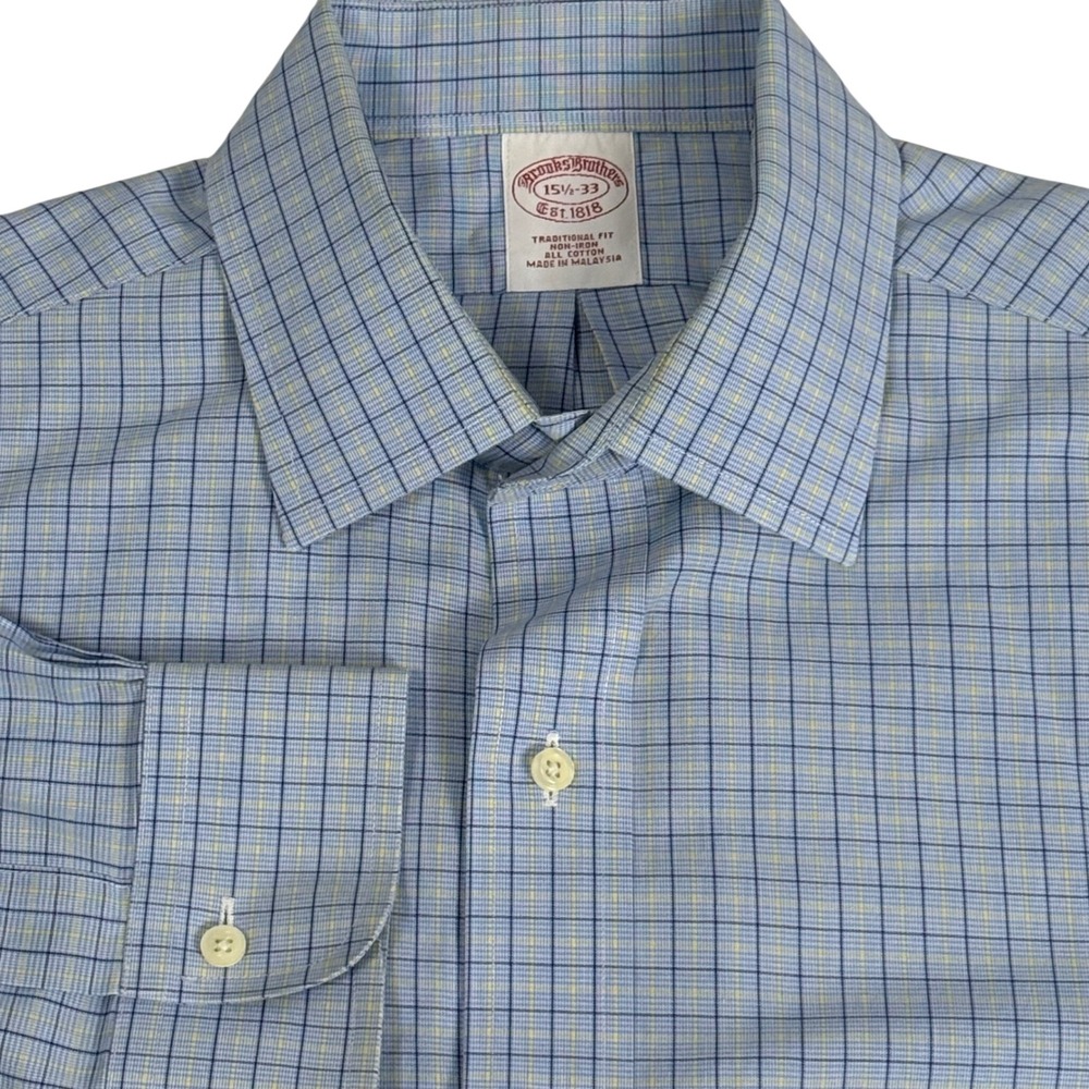 Brooks Brothers Mens 15.5-33 Traditional Fit Non-Iron Blue Dress Shirt Plaid
